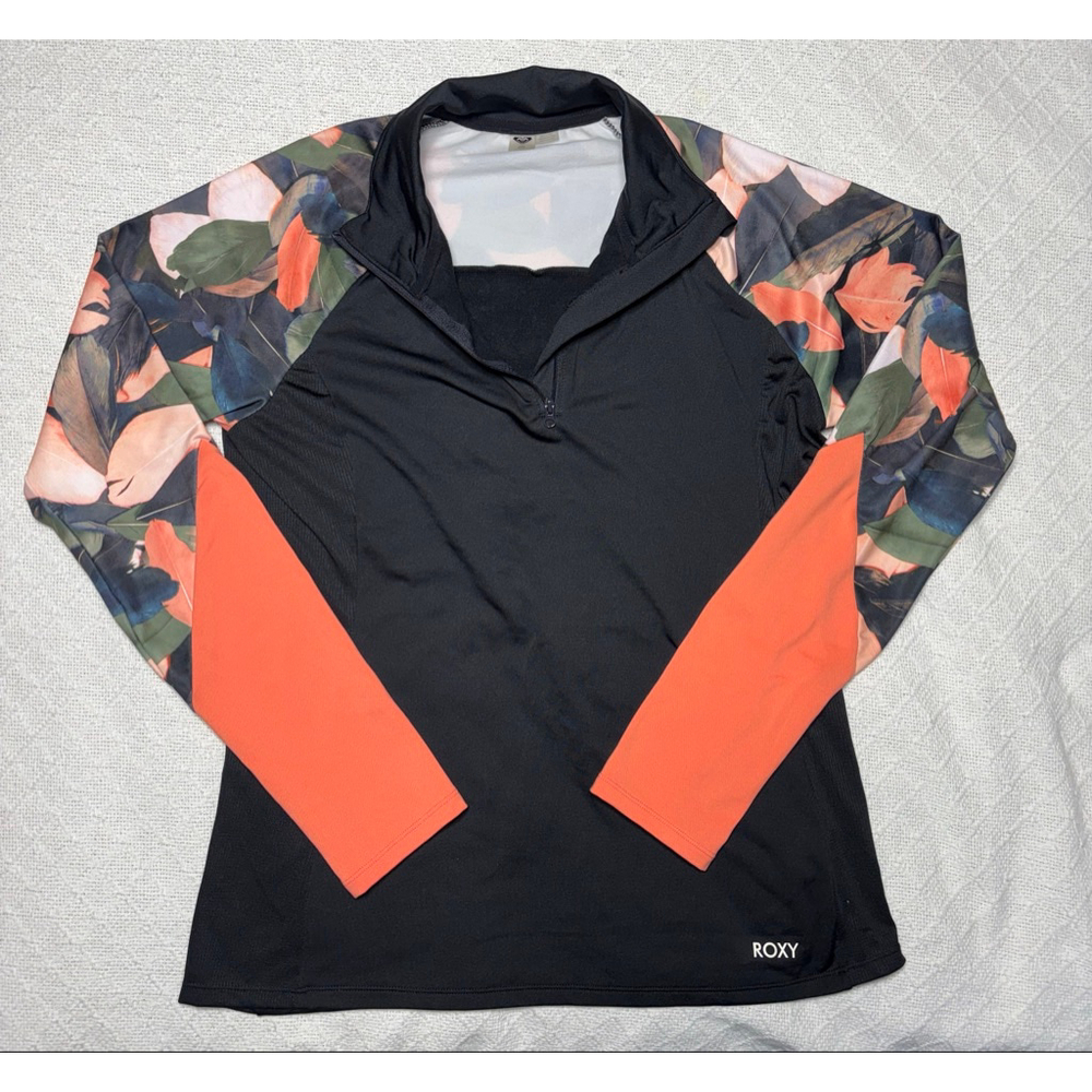 Roxy Black & Coral Floral and Quarter Zip Athleticwear Athleisure Size Large EUC